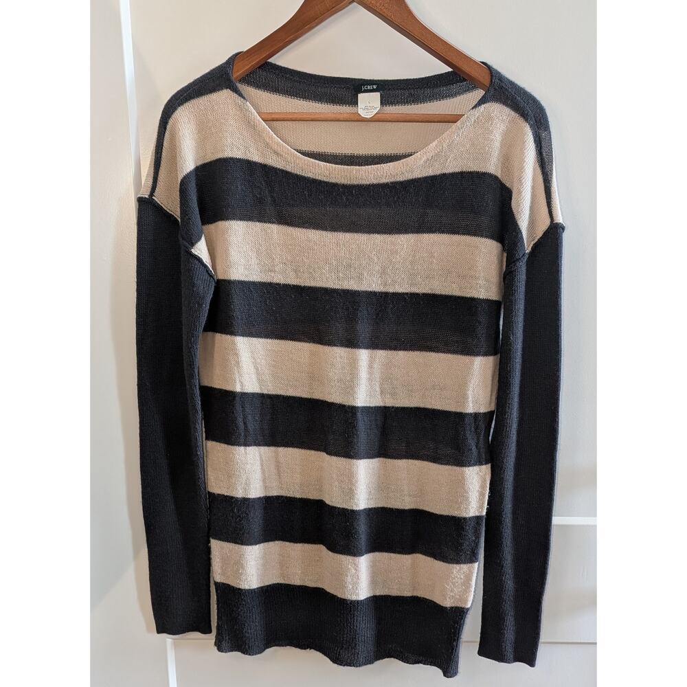 J.Crew Alpaca Merino Wool Sweater Sz L Navy Beige Stripe Scoop Neck Pullover - Picture 2 of 4